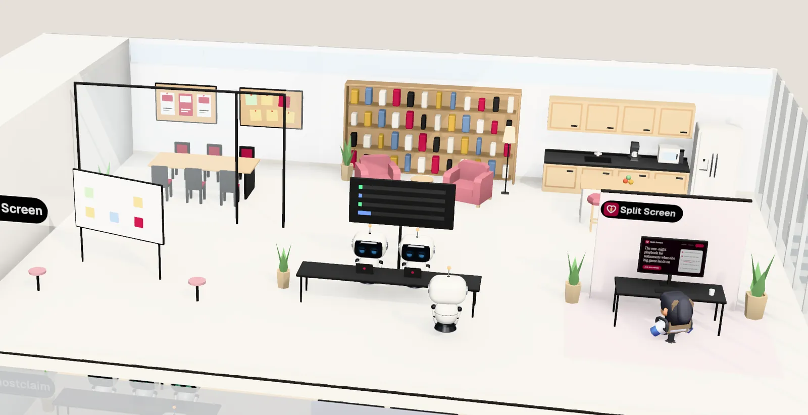 Split Screen’s office on floor 26 of Tower 2: the owner’s desk with the website on screen, the agents’ bench, a meeting room and a library